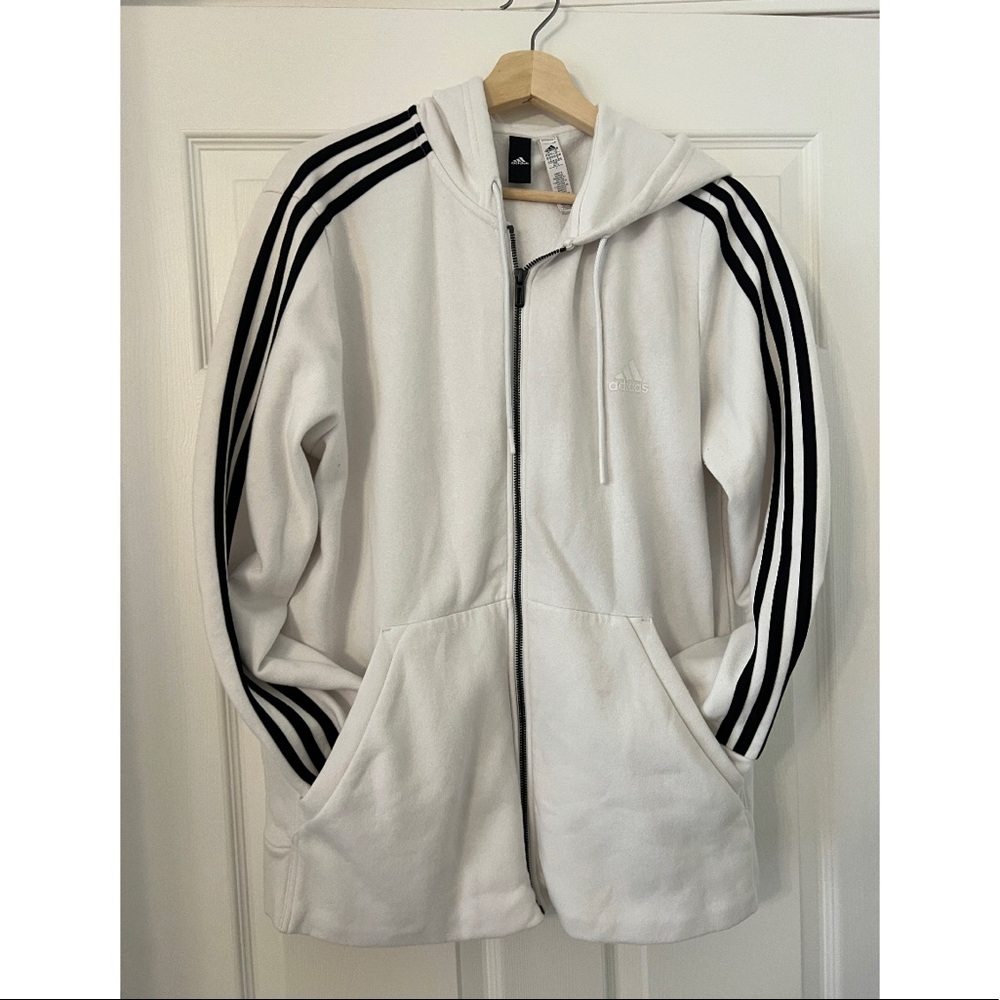 White with 3 black stripe Adidas zip up hoodie